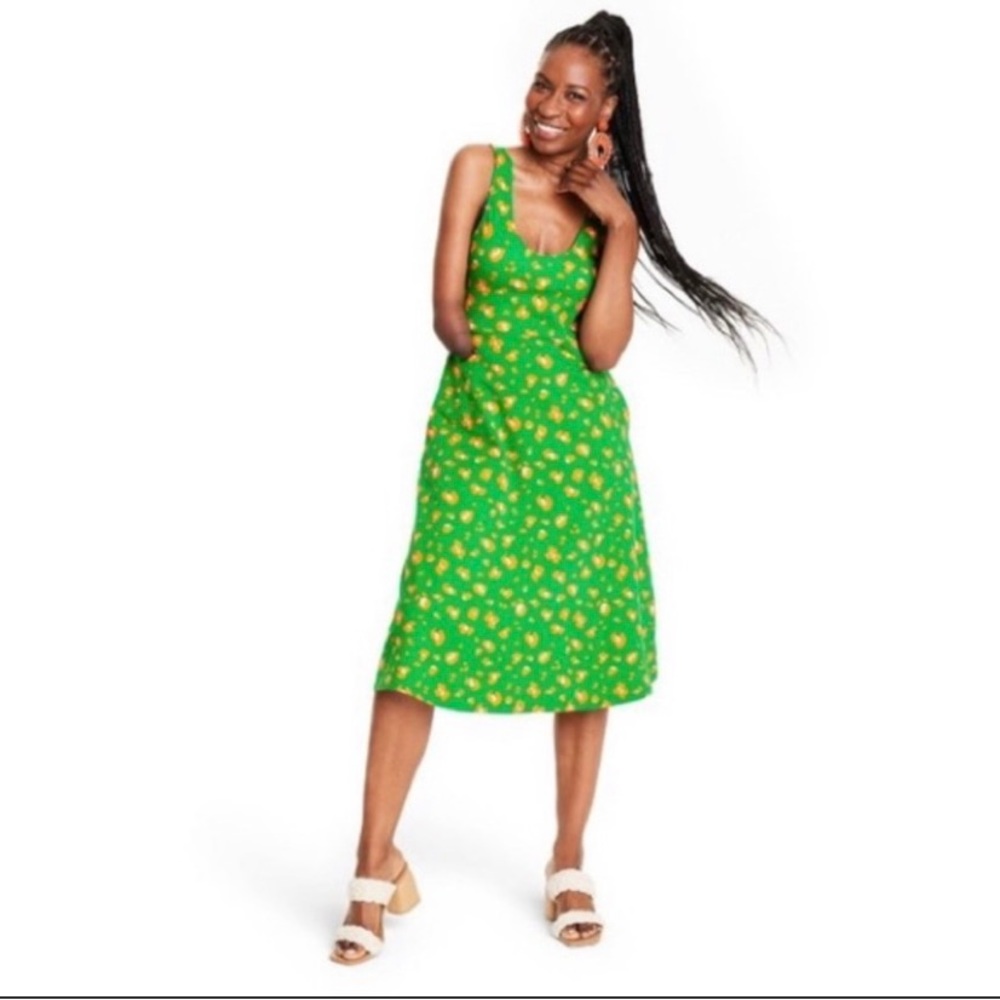 Tabitha Brown Spring 2022 Green & Orange Leopard Midi Dress